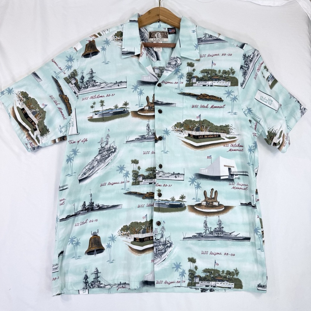 Kalaheo Hawaiian Shirt XL Pearl Harbor USS Arizona Utah Oklahoma Made Hawaii USA